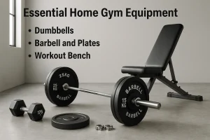 Photo of essential home gym equipment setup with adjustable bench, barbell, dumbbells, and weight plates in a modern UK home gym